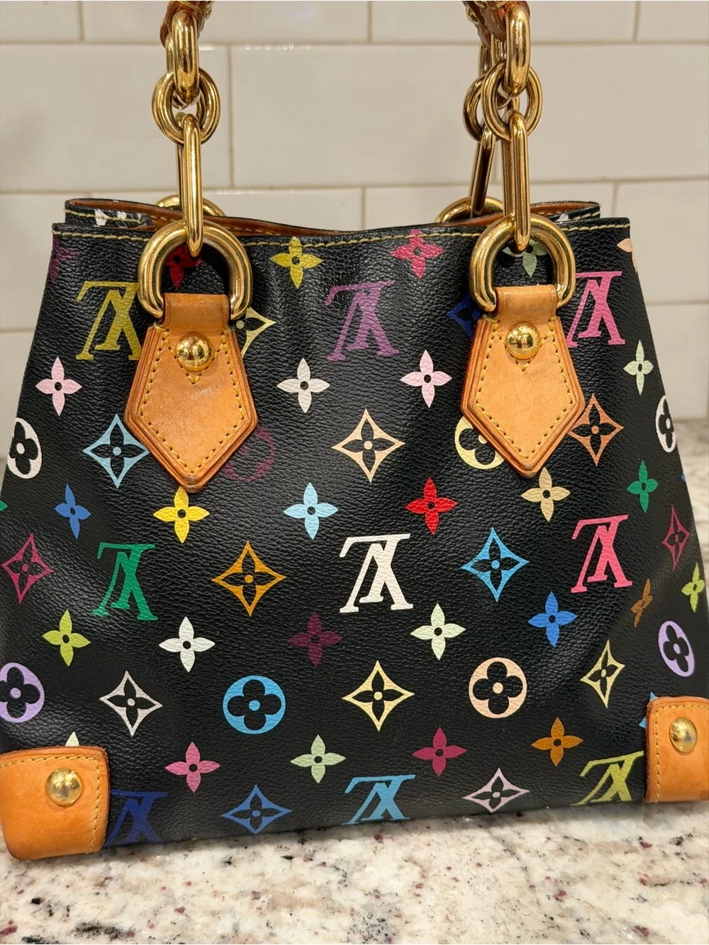 Louis Vuitton Black Multicolor Monogram Satchel with Tan Leather Trim